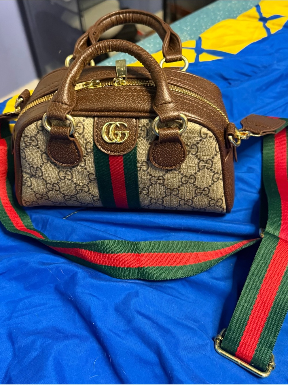 Gucci Brown Canvas Mini Bag with Green-Red Web Stripe